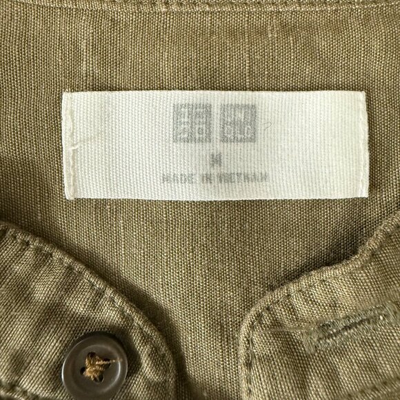 Unisex Uniqlo Olive Green Linen-Cotton Short Sleeve Button-Up Shirt Size M - Picture 3 of 9
